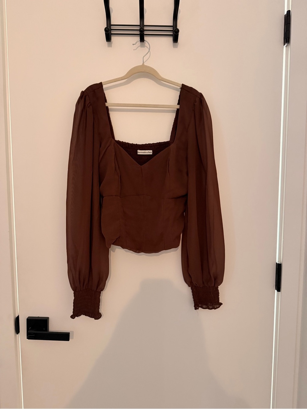 Abercrombie & Fitch Plum/Brown Sheer Puff Sleeve Square Neck Blouse
